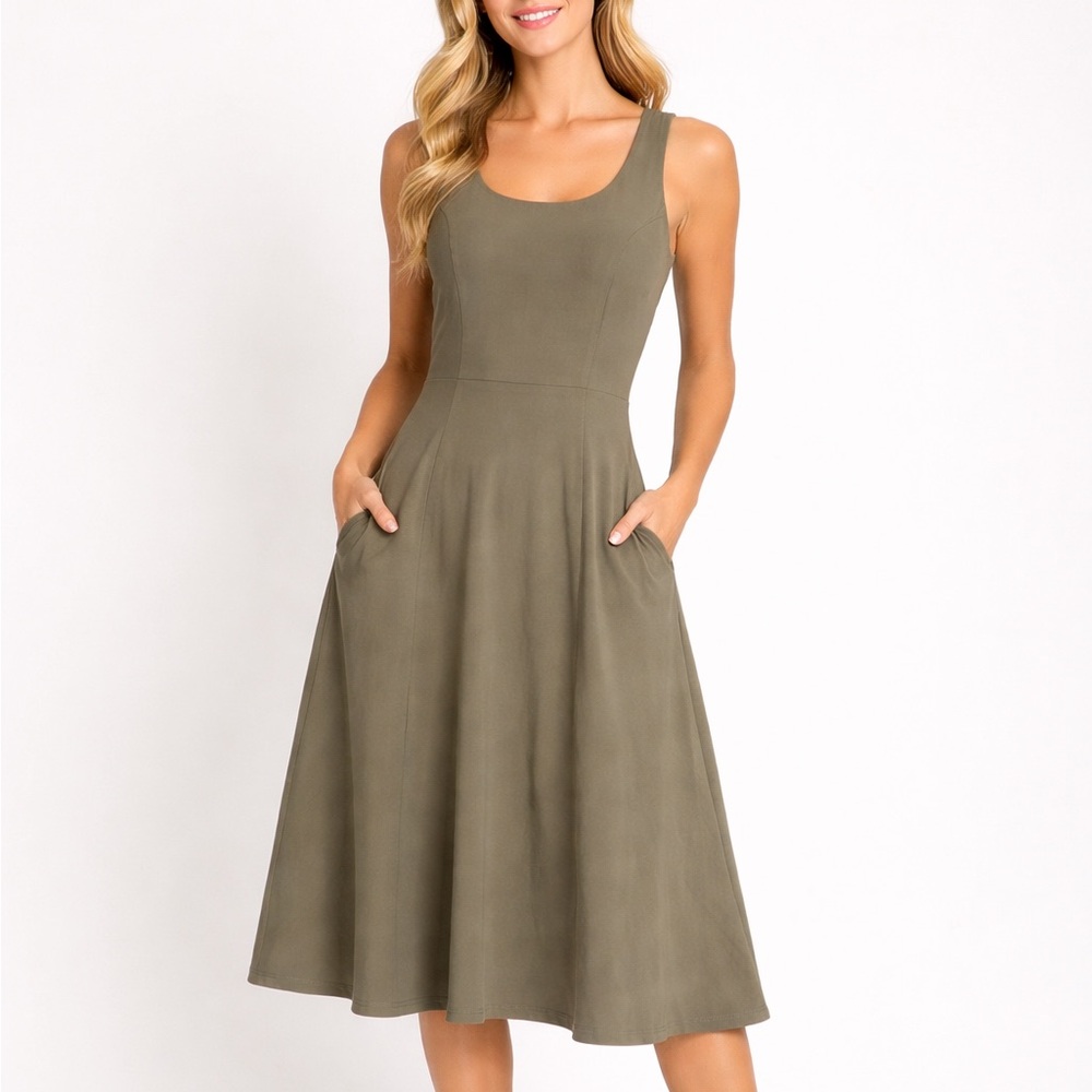 Lafayette 148 New York Bi-Stretch Sleeveless Fit & Flare Dress Olive Green 6P